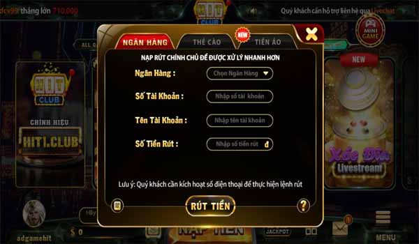 Rút tiền hitclub qua thẻ cào điện thoại